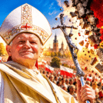 Ilustração de São João Paulo II segurando um crucifixo, diante de uma multidão na Polônia, com o símbolo do comunismo se desfazendo ao fundo.