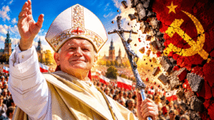 Ilustração de São João Paulo II segurando um crucifixo, diante de uma multidão na Polônia, com o símbolo do comunismo se desfazendo ao fundo.
